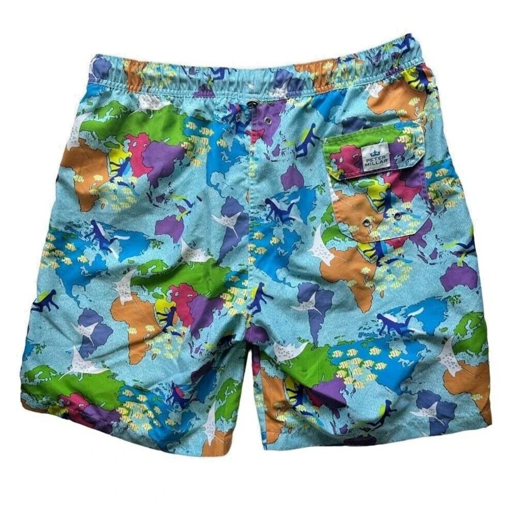 Peter Millar Swimming Trunks Size XL Map Ocean Print Seaside Collection Crown